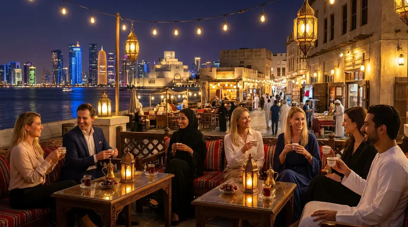 Doha skyline and city landmarks illuminated at night